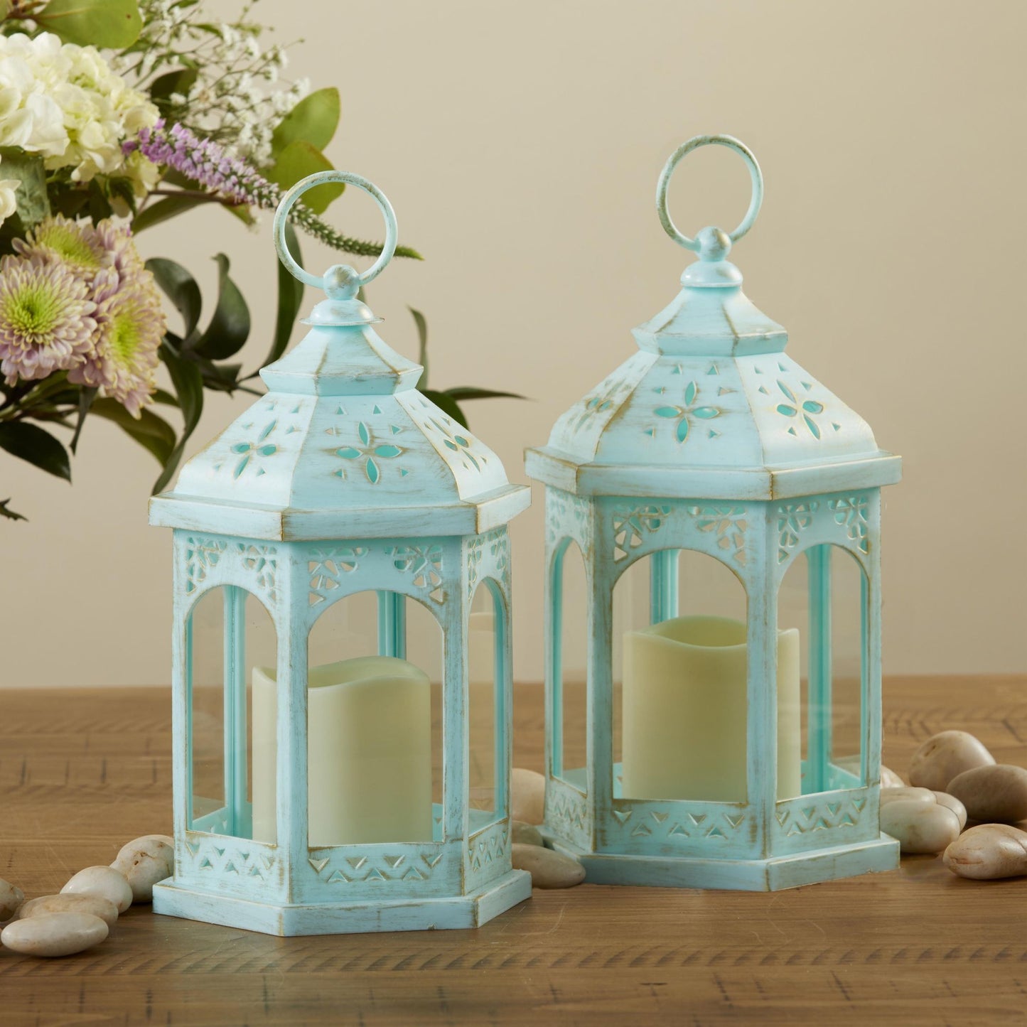 LED Blue Hexagon Distressed Lantern (Set of 2)