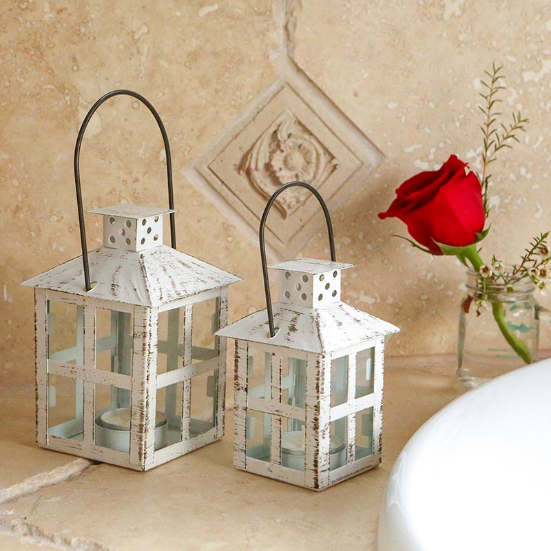 Vintage White Distressed Lantern - Medium
