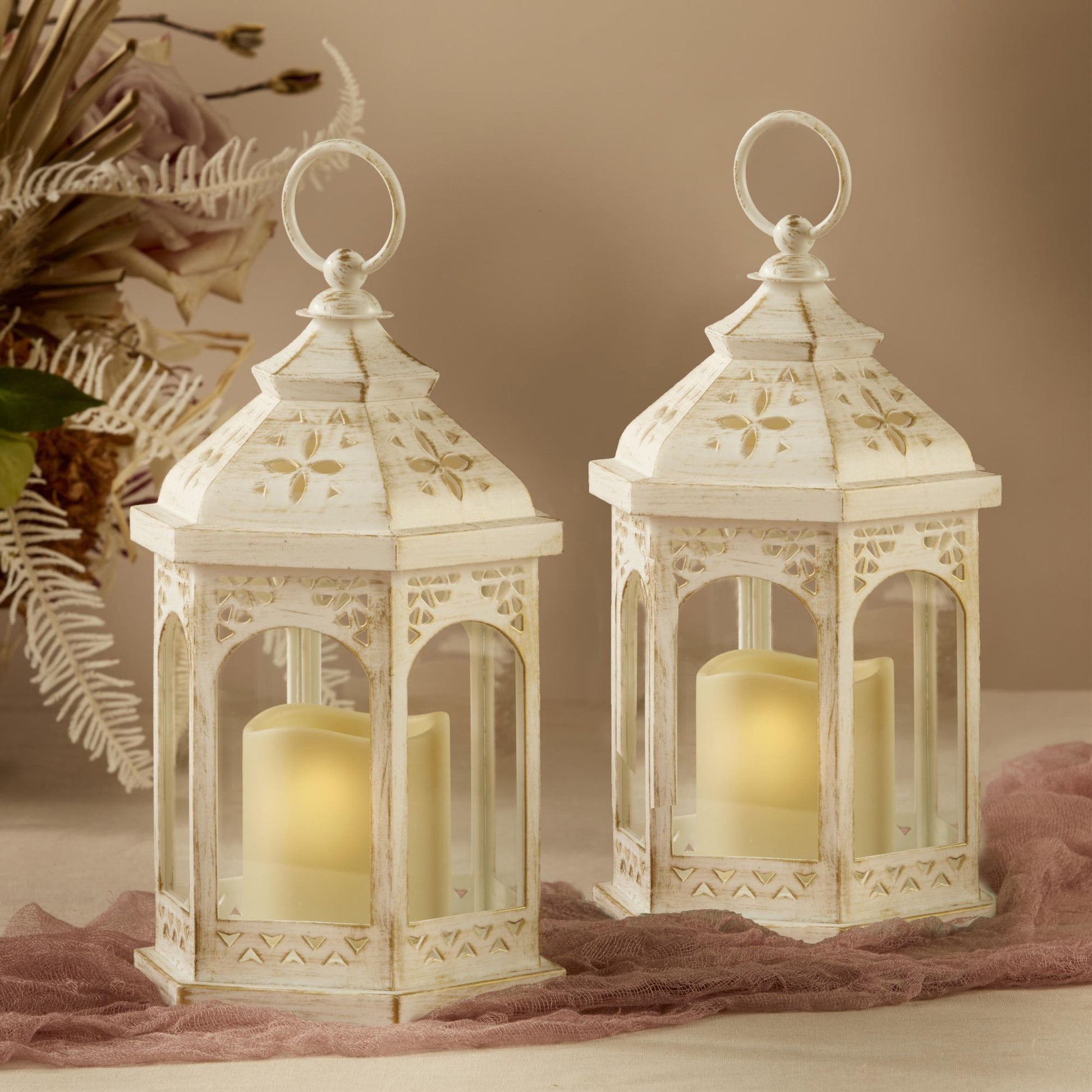 LED White Hexagon Distressed Lantern (Set of 2)