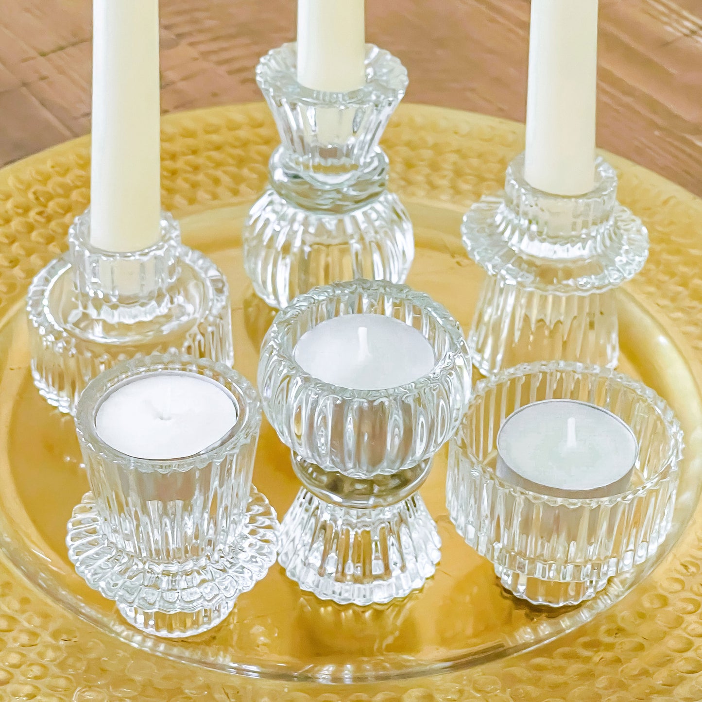 Clear Ribbed Candlestick/Tealight Holders- Set of 6
