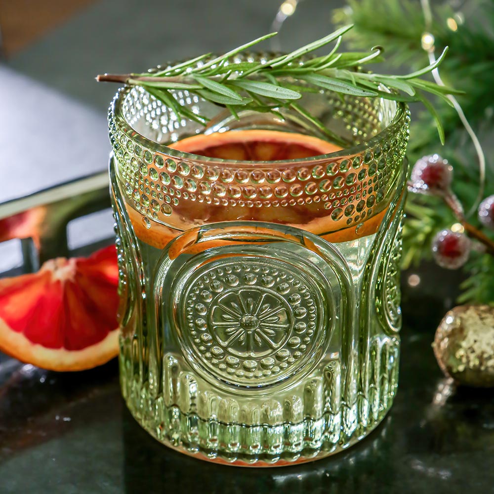 10 oz Retro Arch Floral Ribbed Glassware - Set of 6 (Green)